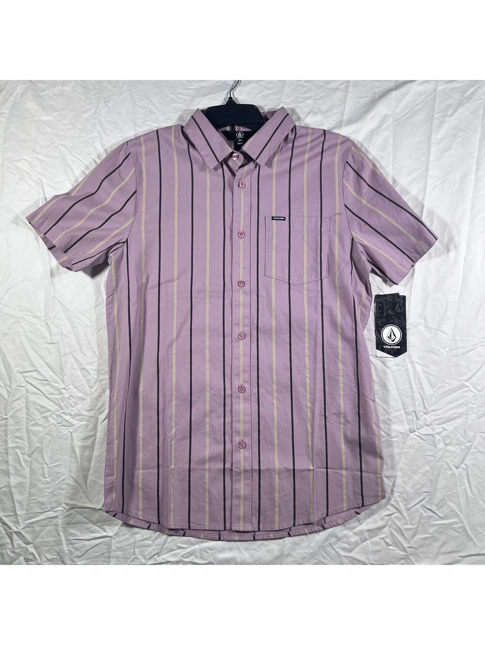 NWT Volcom Warbler Shirt Mens S Nirvana Purple Stripe Short Sleeve A0420102